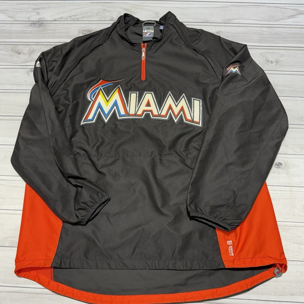 Majestic Miami Marlins Jacket Mens XL Black Orange MLB Cool Base 1/4 Zip Vented